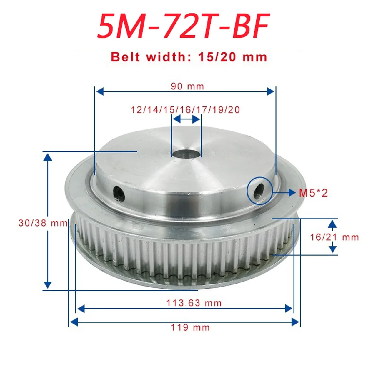 5M-72T Pulley, Bore 12/14/15/16/17/19/20mm, Aluminum Belt Pulley Slot Width 16/21mm, For Width 15/20mm 5M-rubber Timing Belt