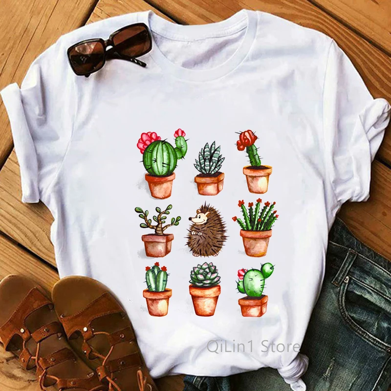 

Funny Cactus Shot T Shirts Women Summer Cute White Short Sleeve Top Tshirt Graphic Tee Shirt Femme Plant Print Tshirt Camisetas