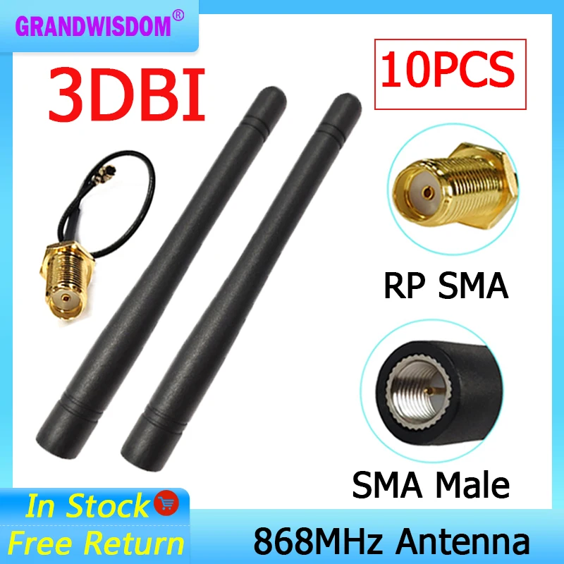 

GRANDWISDOM 10pcs 868mhz antenna 3dbi sma male 915mhz for lora antene module for lorawan SMA female pigtail Extension Cable