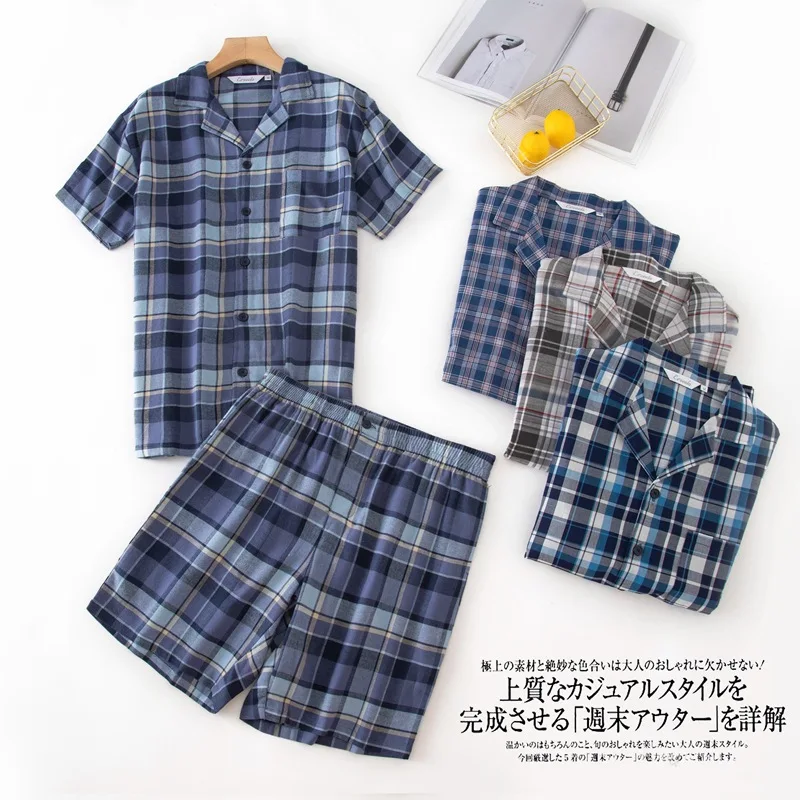 2024 Summer Men Casual Plaid Pajama Sets Male 100% Cotton Sleepwear Suit Men Turn-Down Collar Short Sleeve Shirt & Half Pants