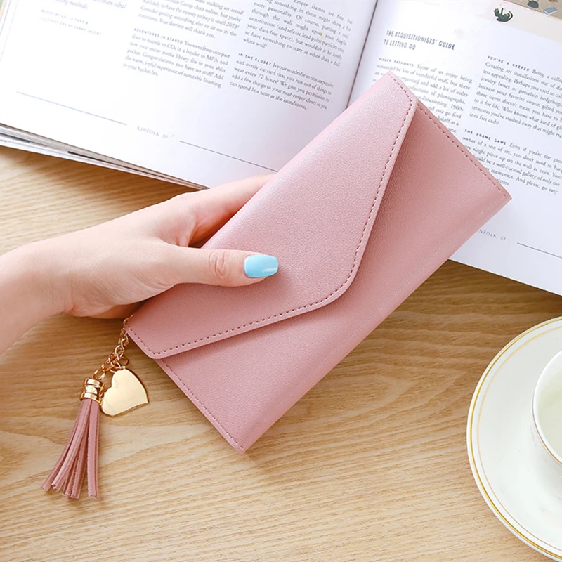 Envelope Design Women PU Leather Long Wallet Tassel Large Capacity Female Purse Bag Clutch Multiple Slots for Money Coin Photo