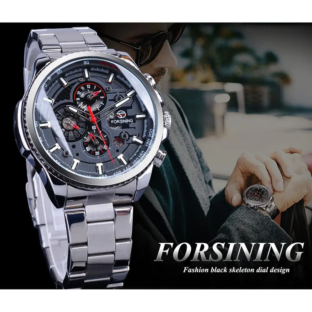 Forsining Silver Grey Mens Mechanical Watches Multifunction 6 Hands Date Military Army Sport Steel Strap Automatic Clock Relogio