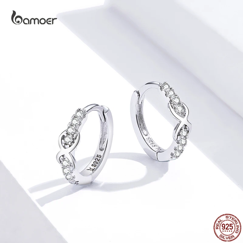 Bamoer Classic Infinity Symbol Ear Hoops for Women Genuine 925 Sterling Silver Earrings Shiny Zircon Fine Wedding Jewelry GXE872