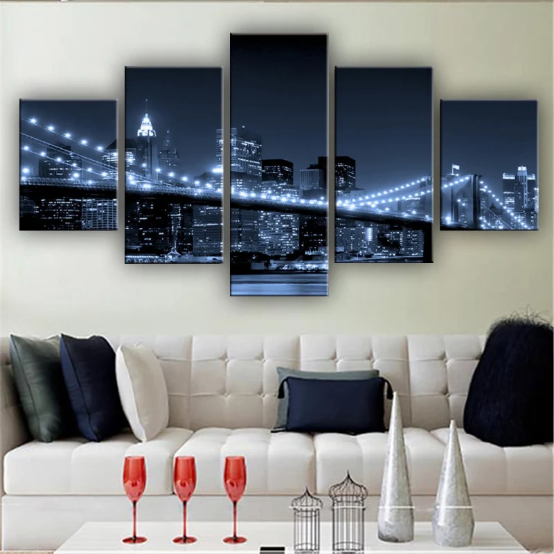 Landscape Pictures Wall Art Canvas 5 Panels City Night Scene Posters Modern Home Decorative Framed, Bedroom Decoration Paintings