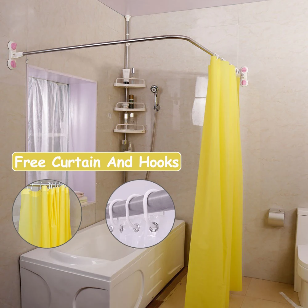 L-Shaped Shower Curtain Rod Suction Cup Corner Shower Curtain Rail Rod Well Loaded Extendable 40.15\'\' x (46.46\'\'-70.87\'\')