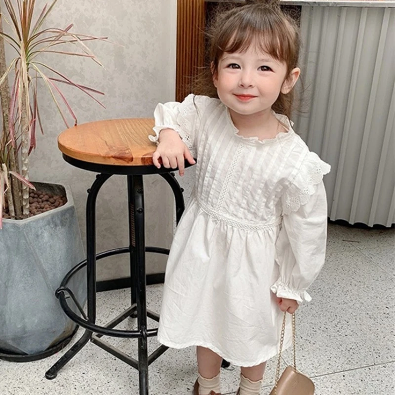 Baby Girl Princess Ruffle Dress White Long Sleeve Toddler Girl Cotton Vestido Vintage Party Wedding Pageant Baby Clothes 2-10Y