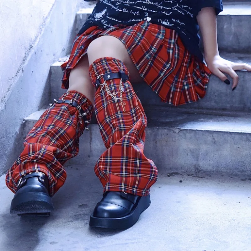 Japanese Harajuku Girls Metal Rivets Cross Chain Vintage Red Plaid Leg Warmer Socks Women Punk Streetwear Fashion Foot Cover