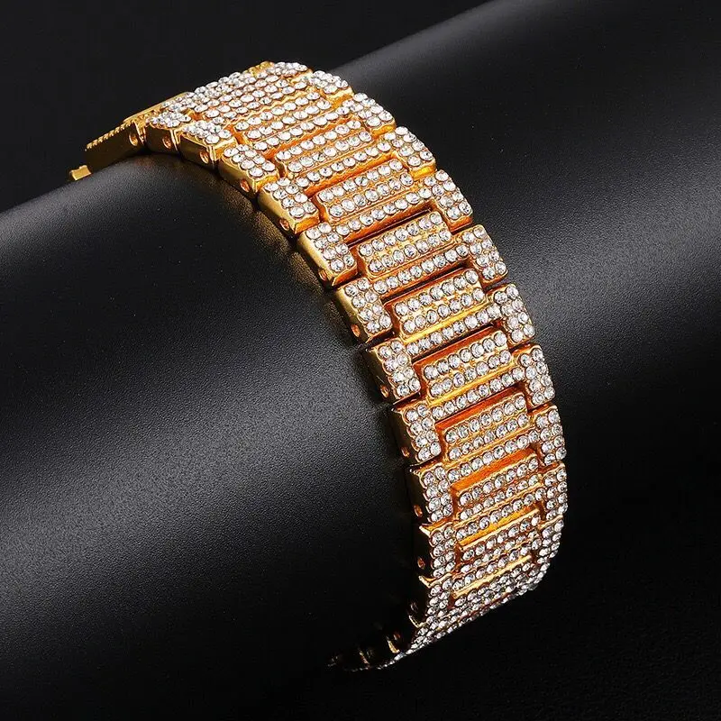 Wholesale Jewelry -- (21cm*21mm) Hip Hop Gold Color 21 mm Full Crystals Big Watch Bracelets For Men Fashion Jewelry