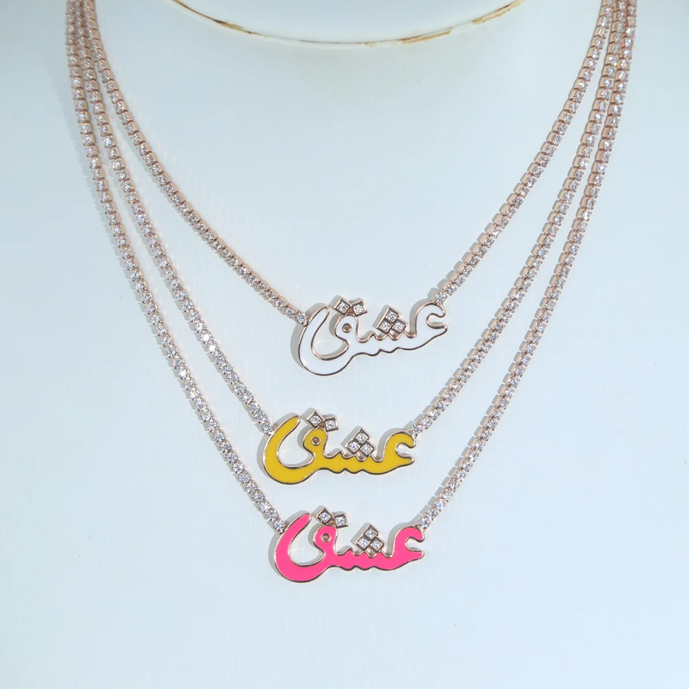 Rose Gold Color Top Quality Sparking 5A Cubic Zirconia CZ Neon Colorful Enamel Arabic Word Letter Necklace