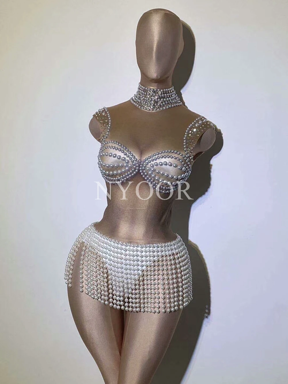 New strass perle frange body senza maniche Sexy Nude Dance body Costume Performance Party festeggia Stage Show Wear