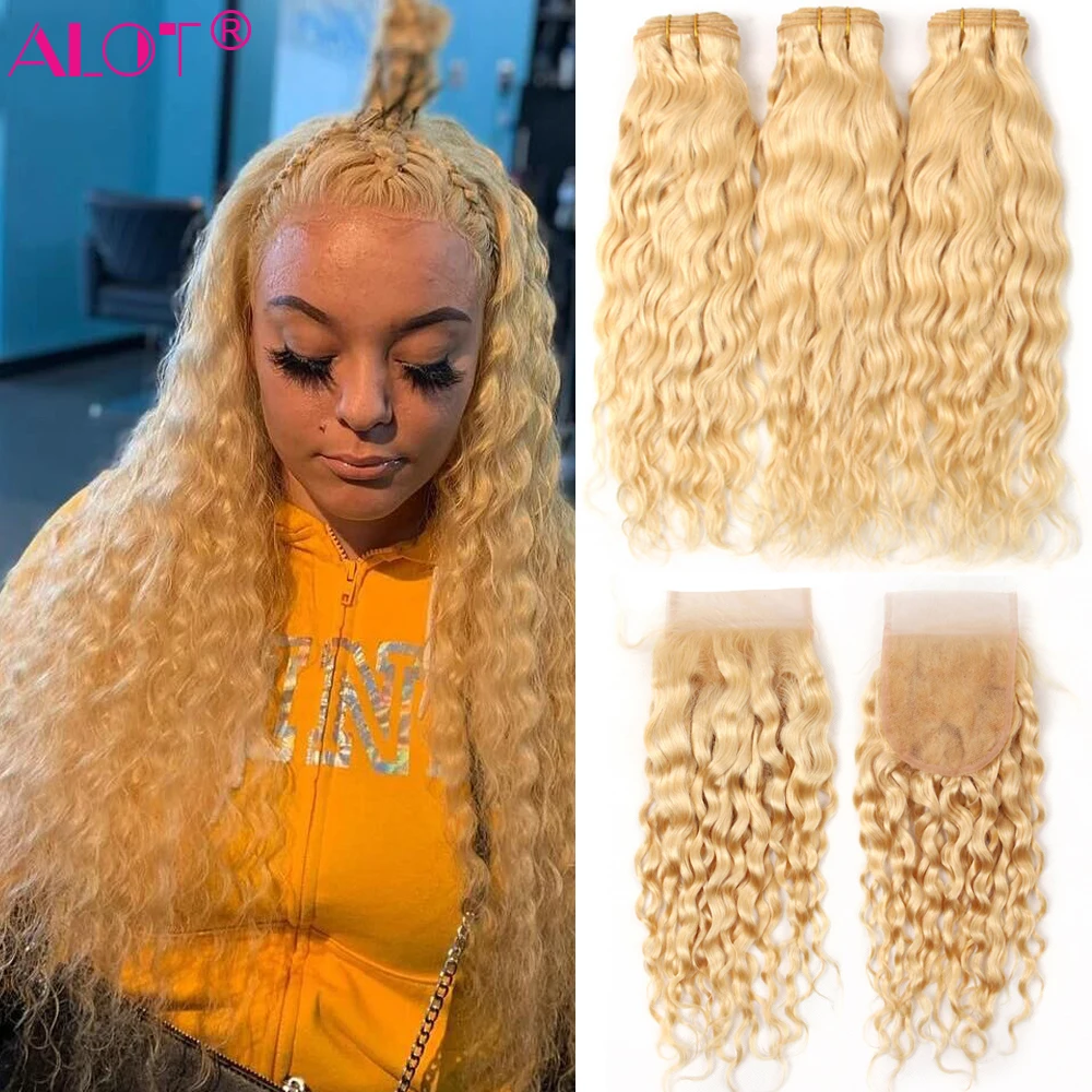 

613 Bundles With Closure Brazilian Water Wave Human Hair Blonde Bundles With Closure Lace Closure With Bundles 4 Pcs/Lot Remy