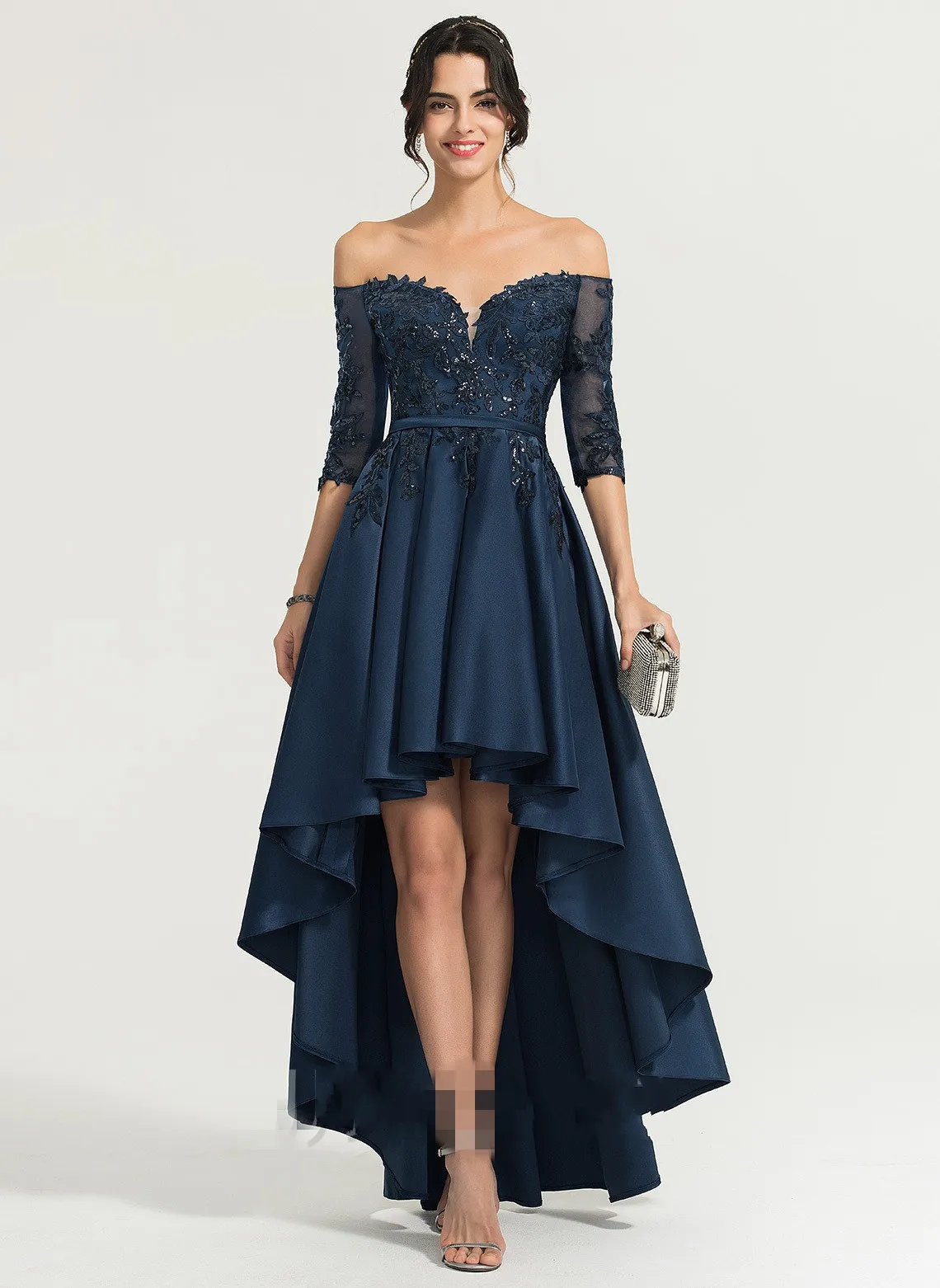 High Low Navy Blue Prom Dress Off-the-Shoulder Asymmetrical Satin Evening Party Gowns For Homecoming Customed Robes De Soirée