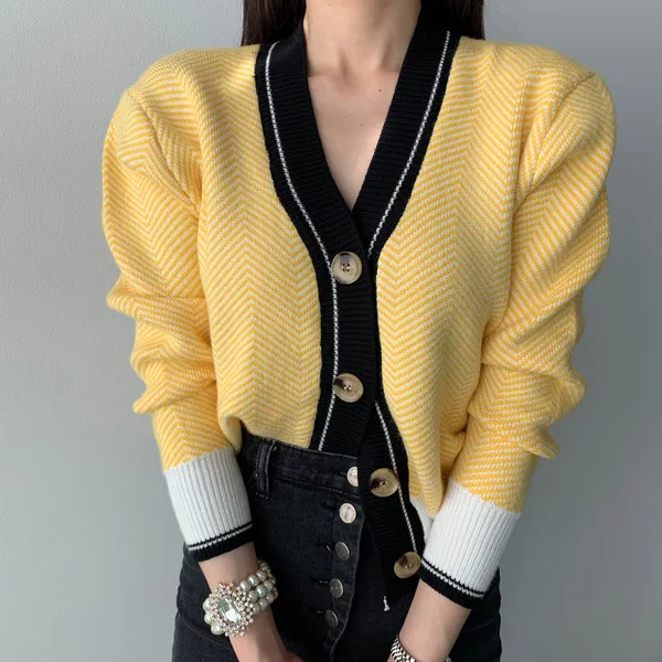 V-neck Single-breasted Korean Cardigan Sweater Women 2024 Autumn Winter Color-blocked Long Sleeve Fashion Elegant Ladies Tops