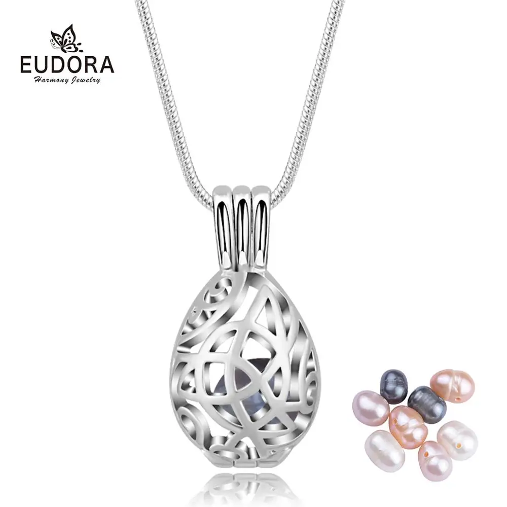 EUDORA New Silver color Cage Pearl Bead Pendant Locket Necklace teardrop Natural Pearl Oyster Pearl Locket DIY Necklace K273N08