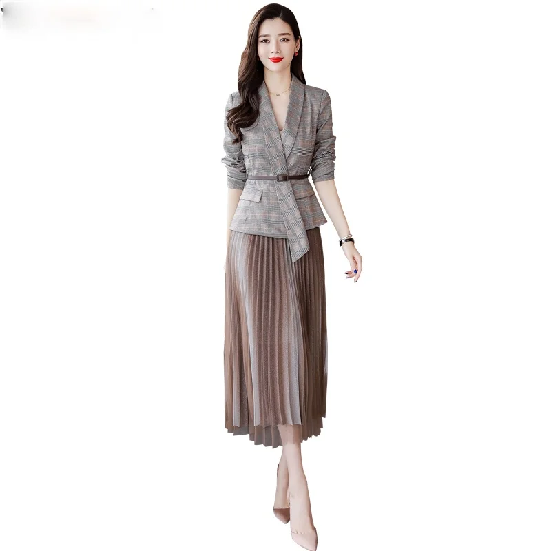 YASUGUOJI Office Lady Casual Plaid Blazer + Mesh Pleated Skirt Suit Set Women Formal Blazer Skirt Set Jacket Skirt Suits Women