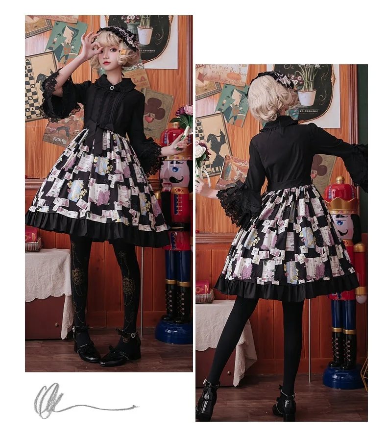 Sweet lolita strap dress vintage  bowknot cute printing high waist princess victorian dress kawaii girl gothic lolita cos loli