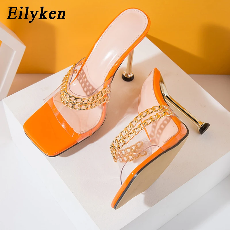 Eilyken New Design Metal Chain Decoration Slippers Women PVC Transparent Square Toe Sandals Sexy Thin High Heels Summer Shoes