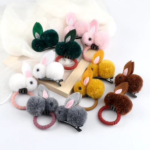 Imagen 1 del producto Accesorios de pinza para el pelo de conejo de peluche para niños, diadema elástica con bola de pelo suave y encantadora, adornos para la cabeza, regalos para niñas y bebés