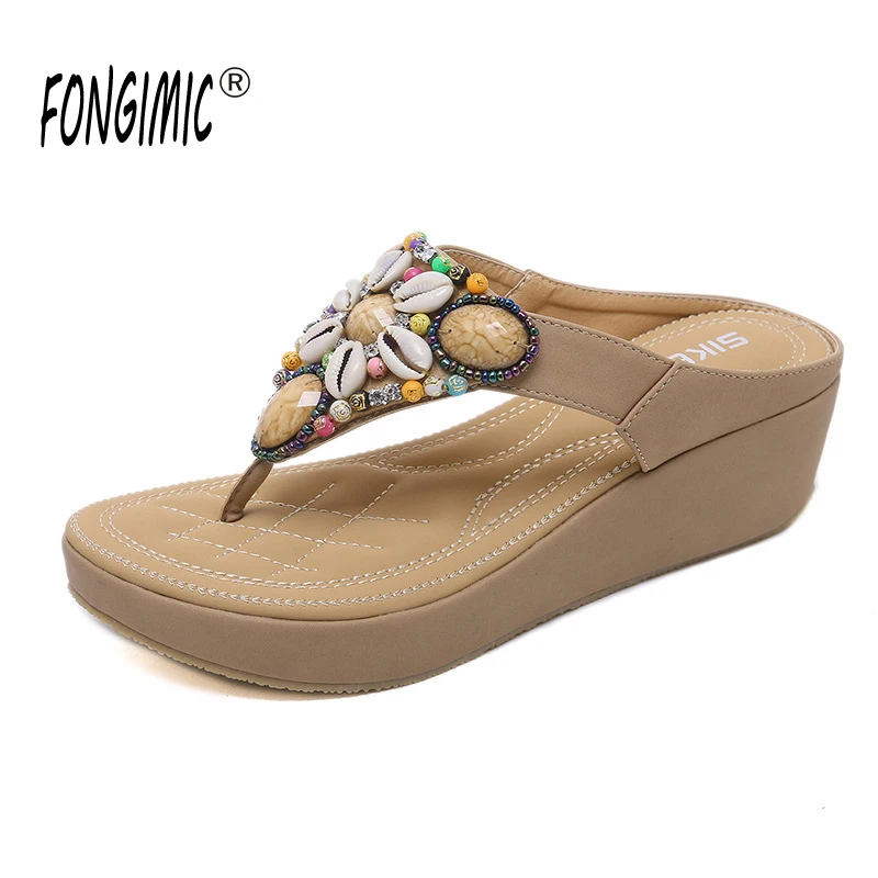 Women's New Holiday Beach Seaside Bohemian Beaded Slope with Large Size Sandals Wedges Shoes for Women Platform Sandals Heels