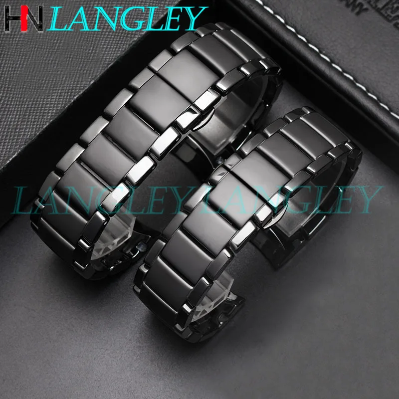 Black Ceramic Watch Band WristStrap 22mm 24mm for Armani Watch AR1451 AR1452 Buckle Replacement Watchband Bracelet