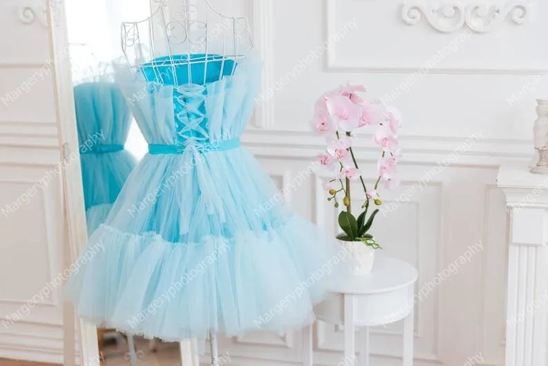 Custom Made Blue Short Mother And Me Dresses Mini   Length Puffy Strapless Lace-up Back Mom And Daughter   Gowns