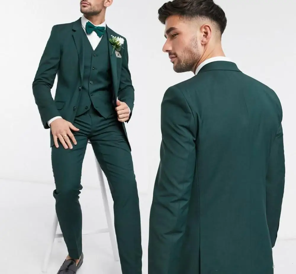 Mens Wedding Tuxedos Dark Green Two Button 3 Pieces Groom Wear Suits Best Man Formal Blazer Suit(Jacket+Vest+Pants)