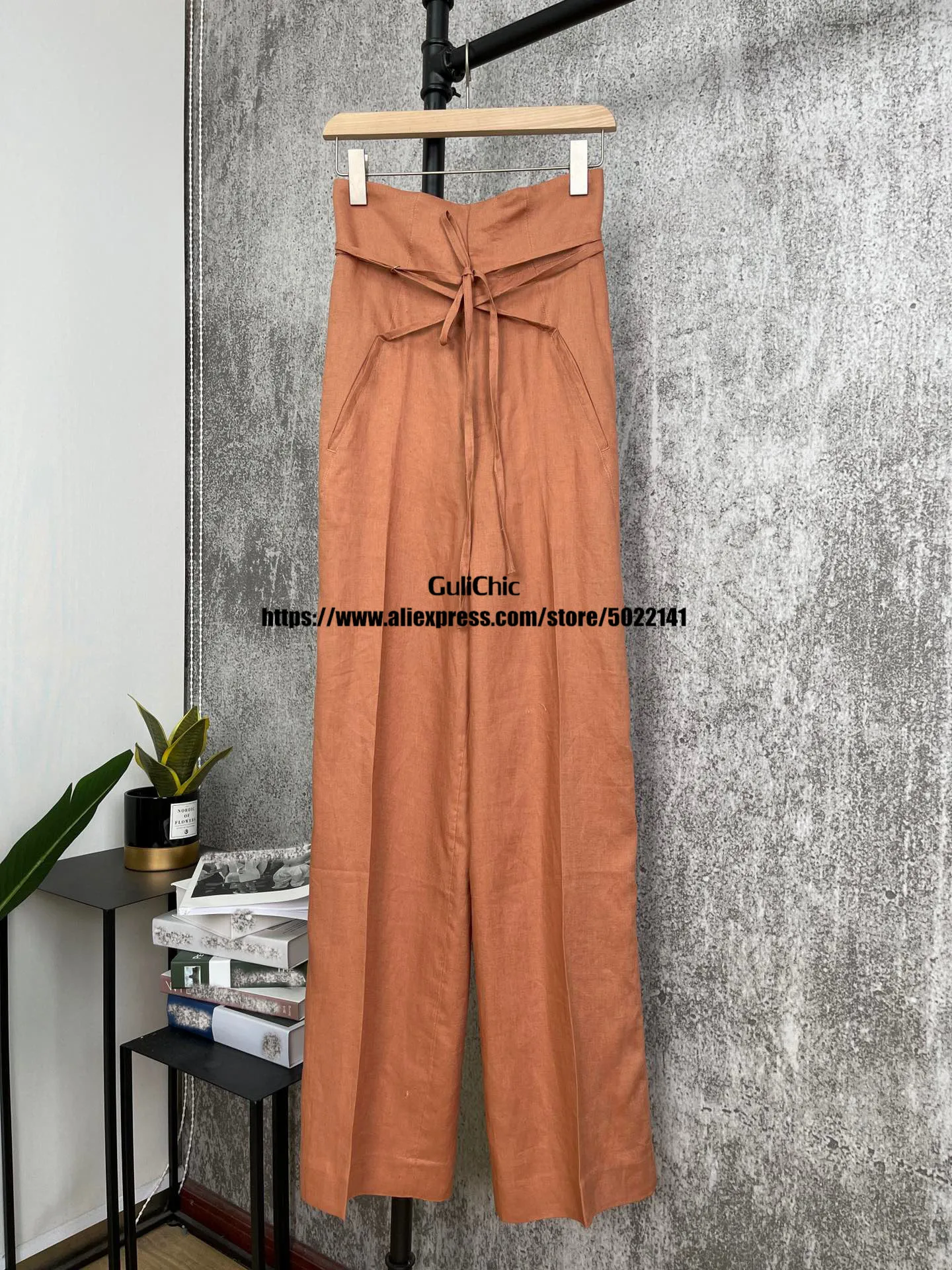 3.9 HIGH END QUALITY Hemp Bandage Wide Leg Pants Female Fashion High Waist Straight Trousers