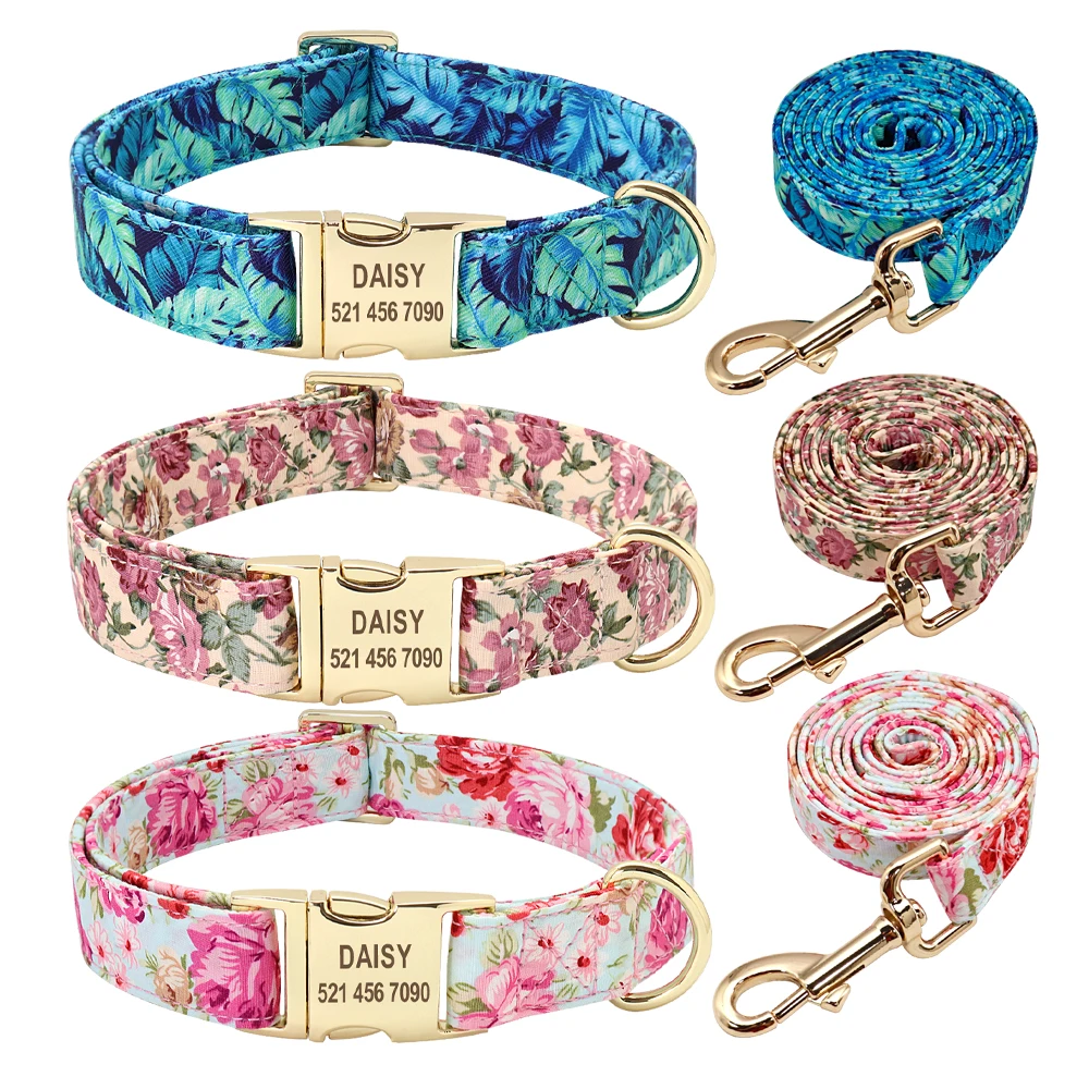 Nylon Printed Dog Collar Leash Set Personalized Pet Dog Collar Necklace Free Engraved ID Tag Nameplate For Small Medium Dogs