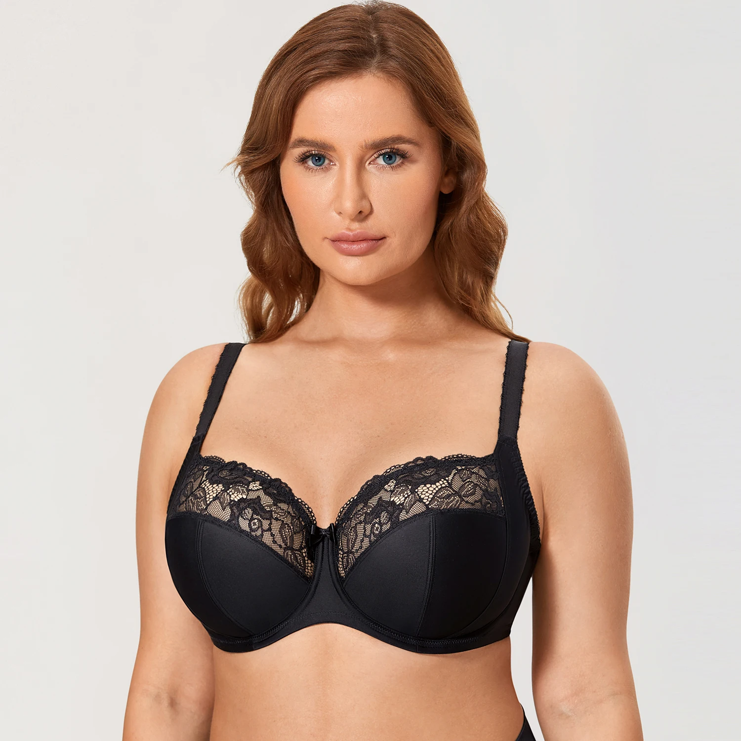 Mulheres Plus tamanho Balconette Bra Push Up Floral Lace Cobertura completa Underwire Não acolchoado Underwear copo cheio Lingerie D DD E F G