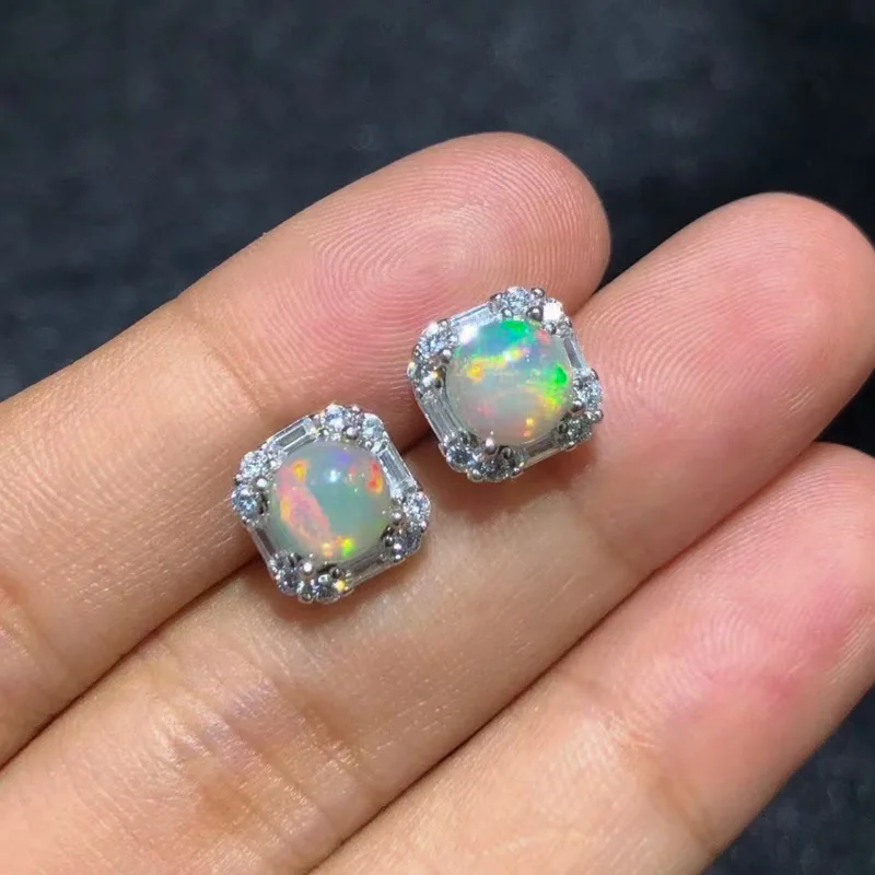 CSJ Natural Ethiopia Opal Jewelry Sets Sterling 925 Silver,Black Opal Gemstone Round 6mm for Women Wedding Birthday Party Gift