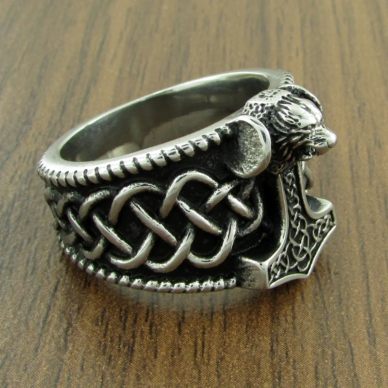 Gothic Silver Color 316L Stainless Steel Viking  Thor Hammer Celtics Knot Ring Men\'s Nordic Lion Mjolnir Rings