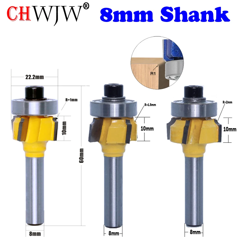 

CHWJW 1PC 8mm Shank high quality Woodworking Milling Cutter R1mm R1.5mm R2mm Trimming Knife Edge Trimmer 4 Teeth Wood Router Bit