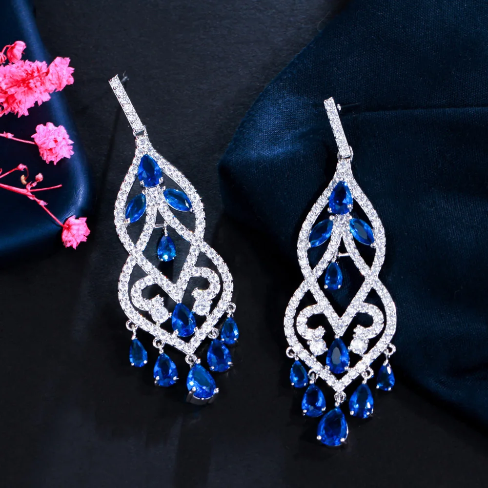 CWWZircons European Blue Cubic Zirconia Crystal Tassel Dangle Drop Long Chandelier Earring Wedding Prom Jewelry for Women CZ116