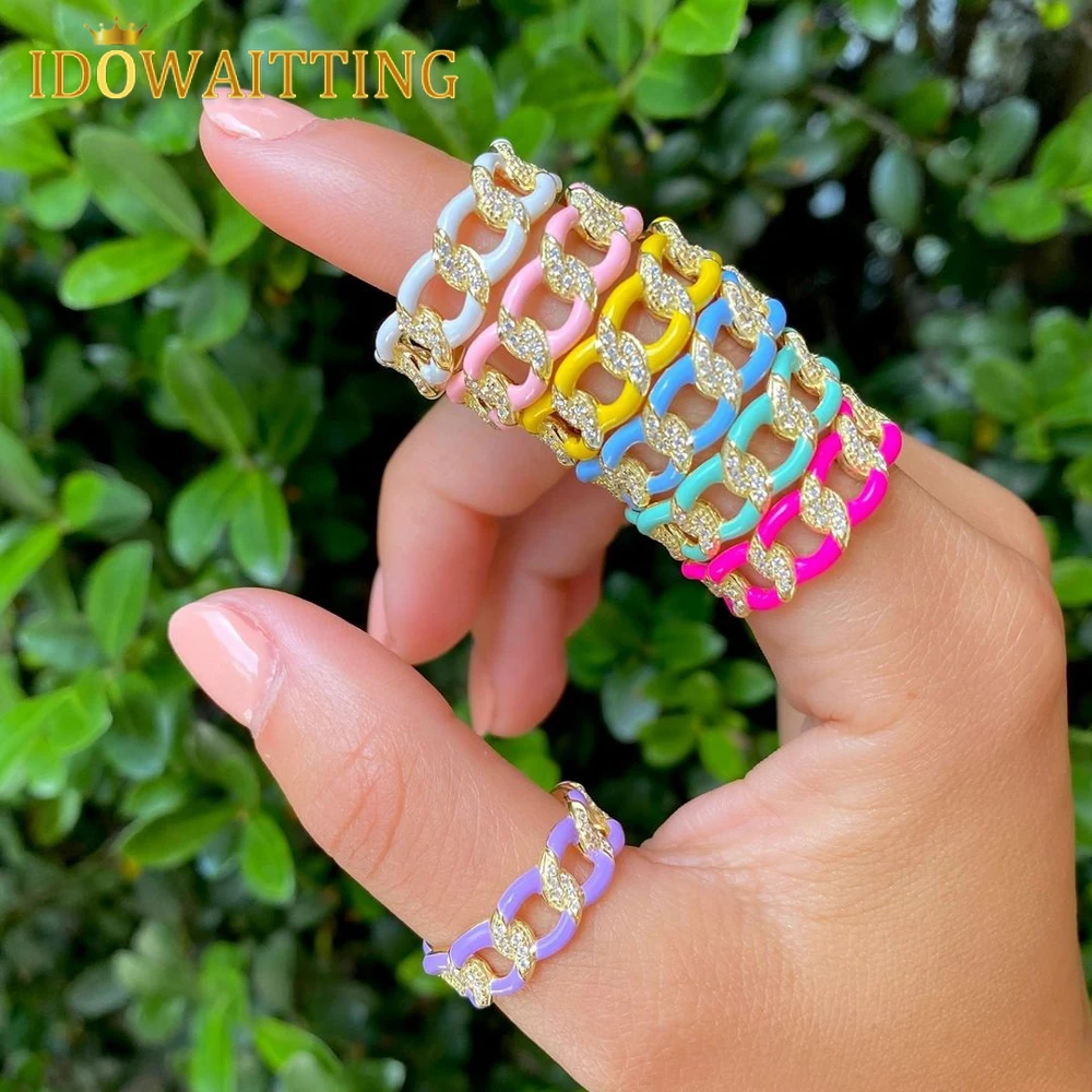 Colorful Candy Neon Enamel Cuban Link Chain Sparking CZ Gold Color Engagement Eternity Band Finger Ring 2024 Valentine's Day