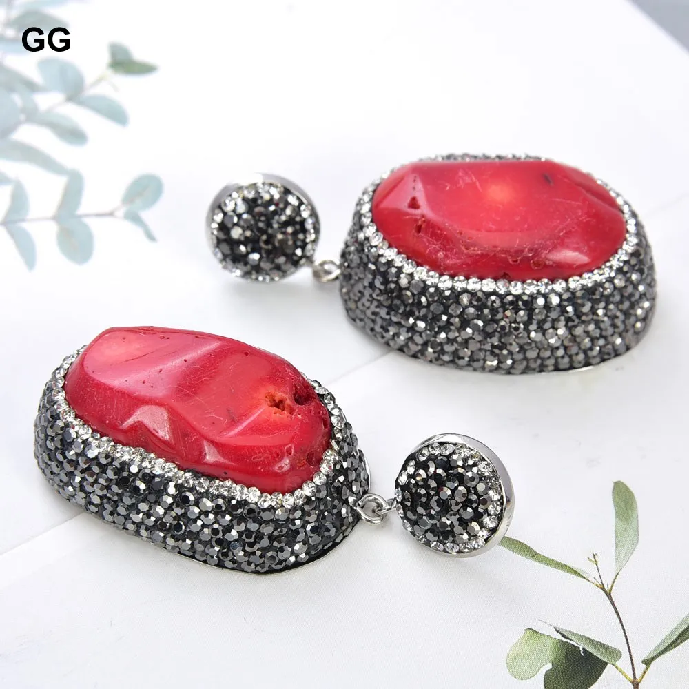 GG Natural Red Coral Nugget Trimmed With Marcasite Crystal Dangle Earrings