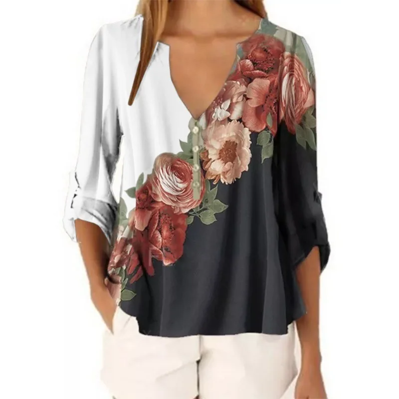 

Women's Clothing Autumn New Fashion V-Neck Flower Print Long-Sleeved Casual Loose T-Shirt Stitching Female Sexy Top