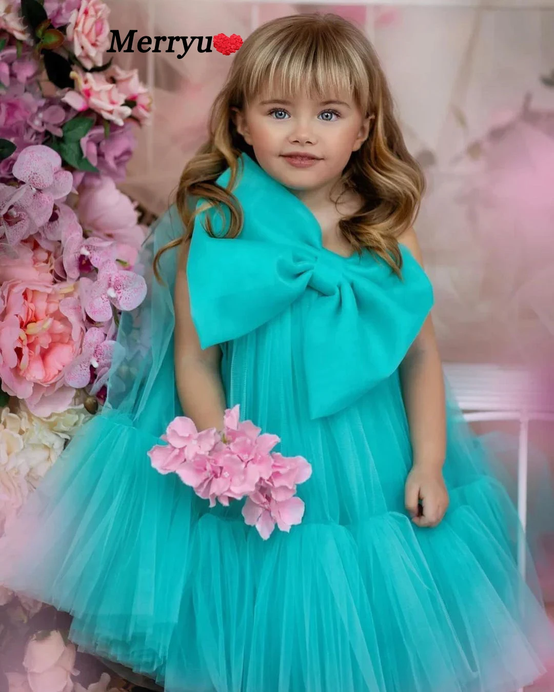 Puffy Layer Blue Flower Girl Dresses One Shoulder Kids Princess Party Dress Big Bow Shoulder Baby First Communion Dresses