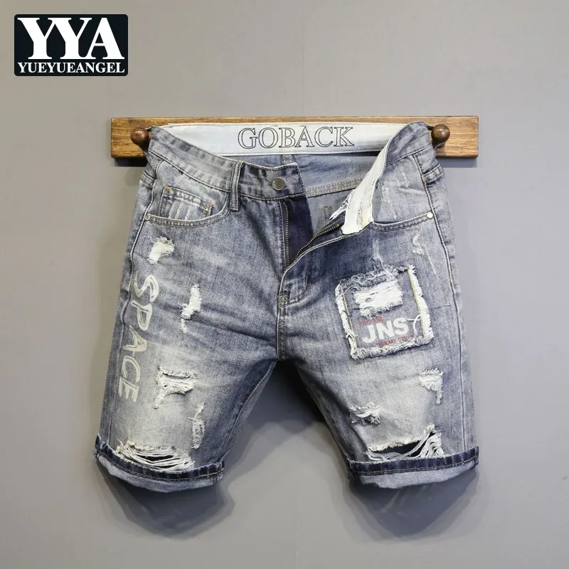 Summer New Hole Slim High Street Casual Denim Shorts Mens Concise Straight Korean Style Fashion Pockets Letter Knee Length