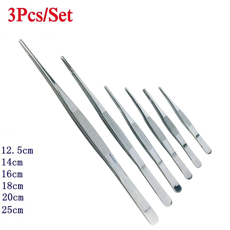 

6 Sizes Toothed Tweezers Barbecue Stainless Steel Long Food Tongs Straight Home Medical Tweezer Garden Kitchen BBQ Tool 3pc/Set