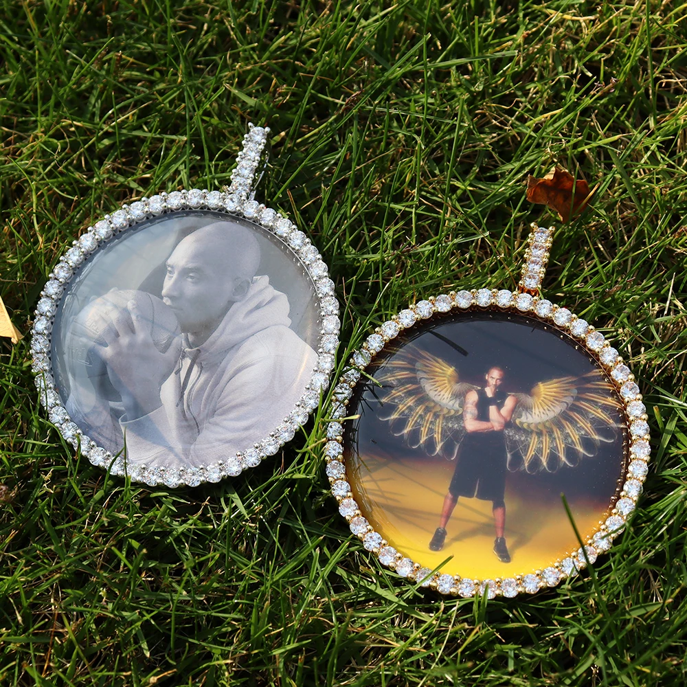 US7 New Custom Photo Pendant Big Size Solid Back 4mm Width Stones Side Hip Hop Jewelry Personalized Cubic Zircon Chains Gift