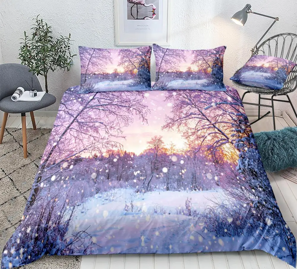 

3D Winter Landscape Duvet Cover Set Forest Trees and Sunrise Bedding Purple Landscape Quilt Cover Queen Bed Set Snow Dropship