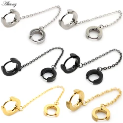 Alisouy 2pcs Stainless Steel Frosted Scrub Piercing Ear Clip Earrings for Men Women Circle Link Chain Hoop Earring Party Jewelry