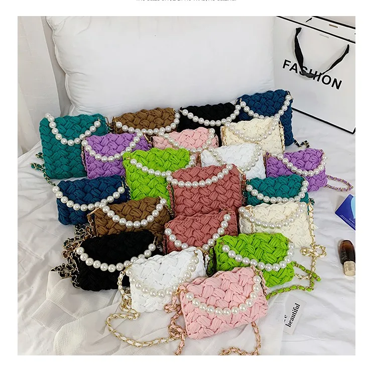 purses and handbags Handmade Cotton Crochet Women\'s Bag Pearl Chain Mini Portable Shoulder/Crossbody Bag