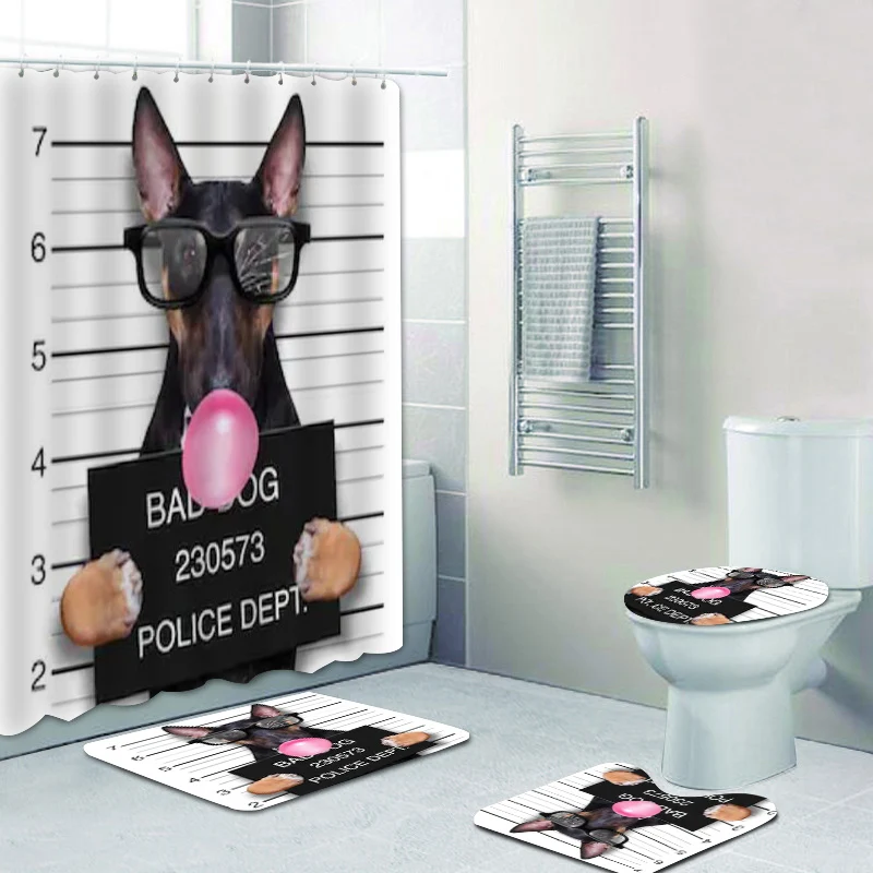 Criminal Mugshot of Pitbull Terrier Dog Shower Curtain Bathroom Curtain Bath Mats Rugs Set for Home Decor Puppy Animal Pet Gift