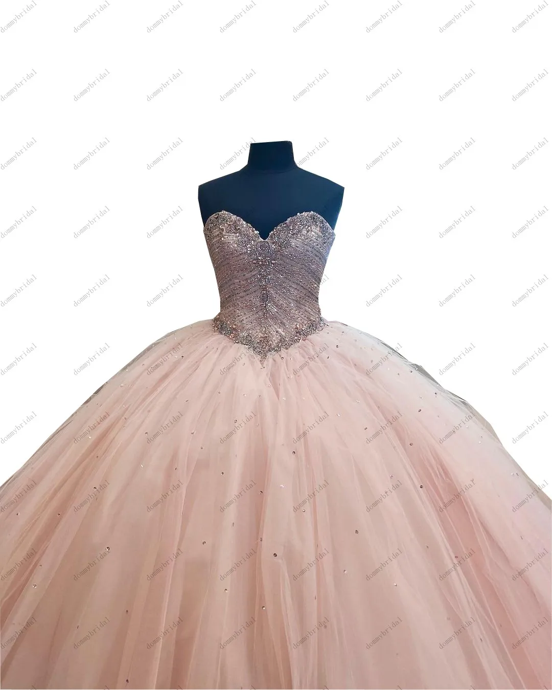 Gaun Formal Prom Quinceanera Panjang Murah Merah Muda Blush Ajaib Manik-manik Tulle Backless Bola Putri Bengkak