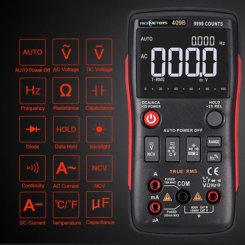 RM409B Digital Multimeter Button 9999 Counts With Analog Bar Graph AC/DC Voltage Ammeter Current Ohm Auto/Manual