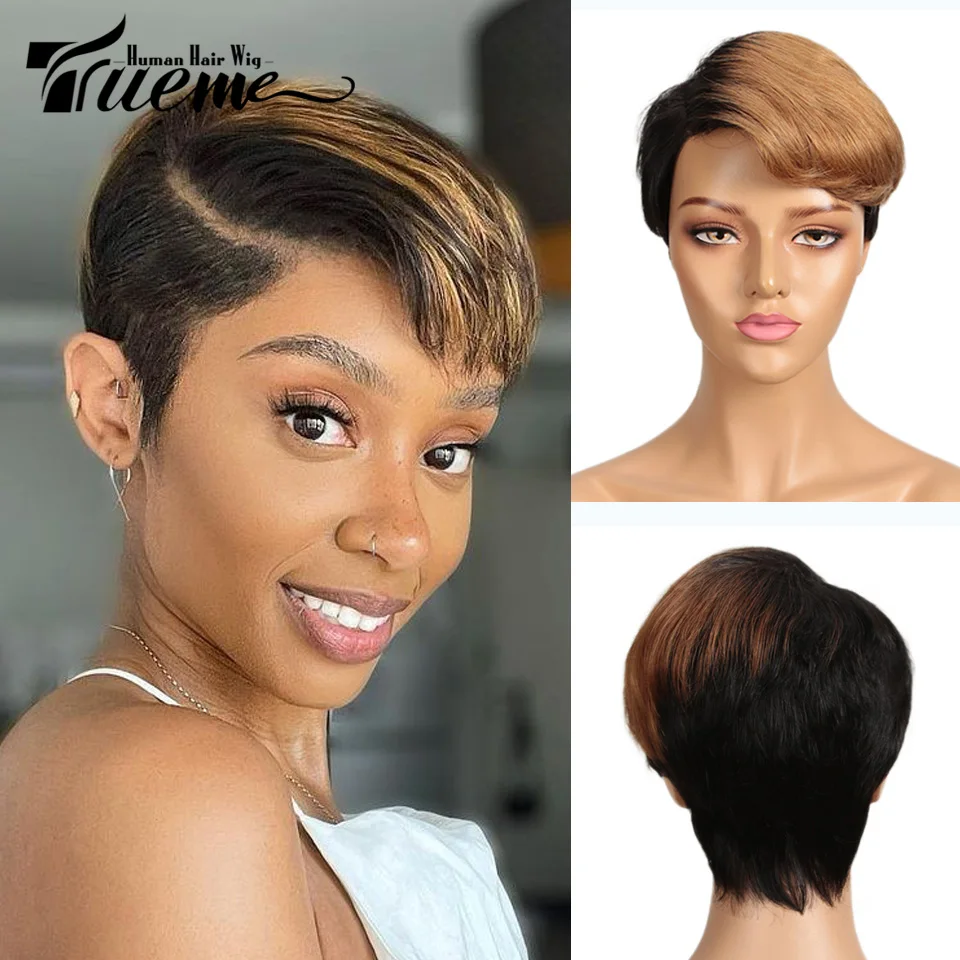 

Trueme Short Pixie Cut Human Hair Wigs Brazilian Human Hair Lace Wig For Women Fahion Omber Blonde Brown Part Lace Human Wig