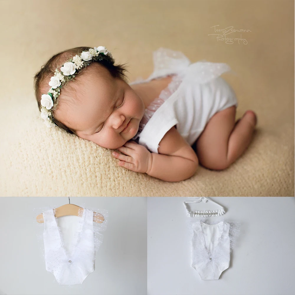 Newborn Photography Props Lace Trim Bodysuit Costume Handmade Outfit for Baby Girl Headwear Photo Shooting Prop Accessories