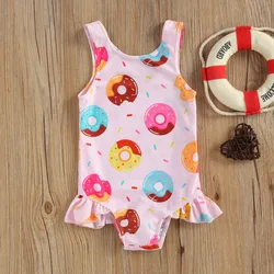 2023 Baby Swimwear Little Girls One-piece Swimsuit, Summer Children Cute Crab/Donut Printing Sleeveless Swimwear for Vacation