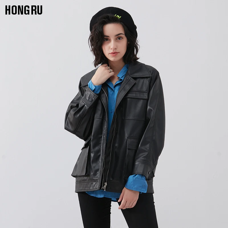 Fashion retro Multiple pockets leather jacket Locomotive bat sleeved pu Leather Jacket female Punk Motorcyle Jackets F2132